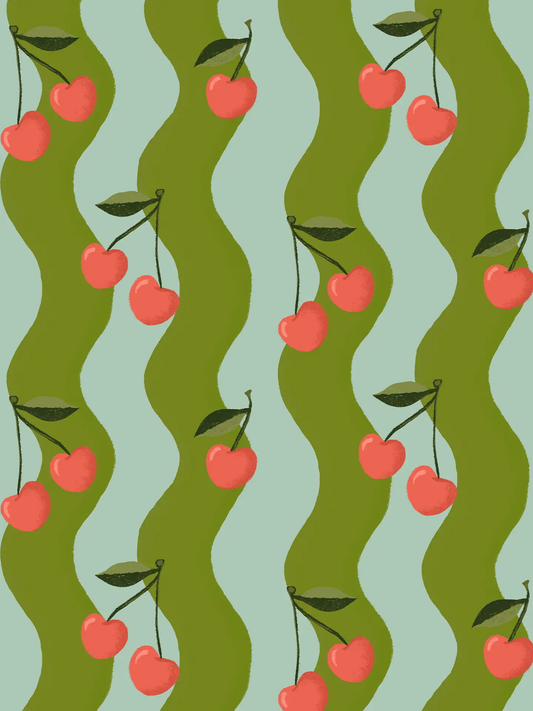 Wavy Cherry Wallpaper pattern with teal and sage green stripes and red cherries on stems on Tampa Home & Garden Store