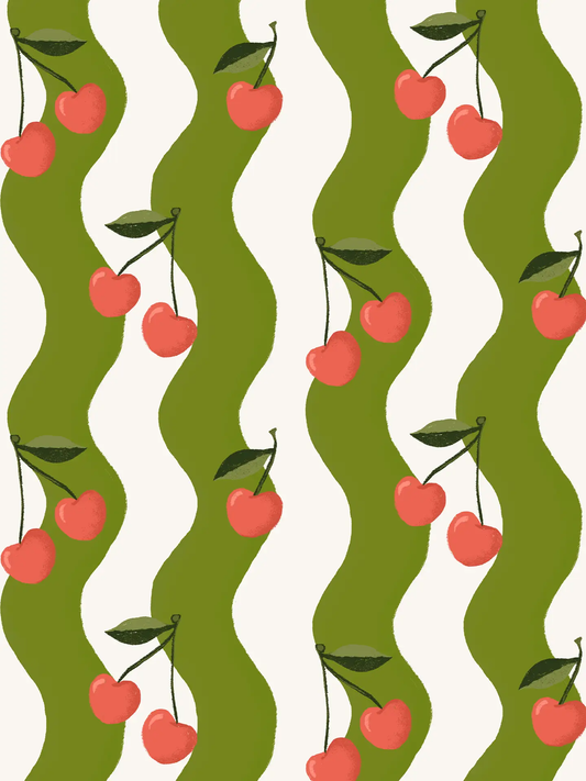 Wavy Cherry Wallpaper white and green with cherry clusters on vines on Tampa Home & Garden Store