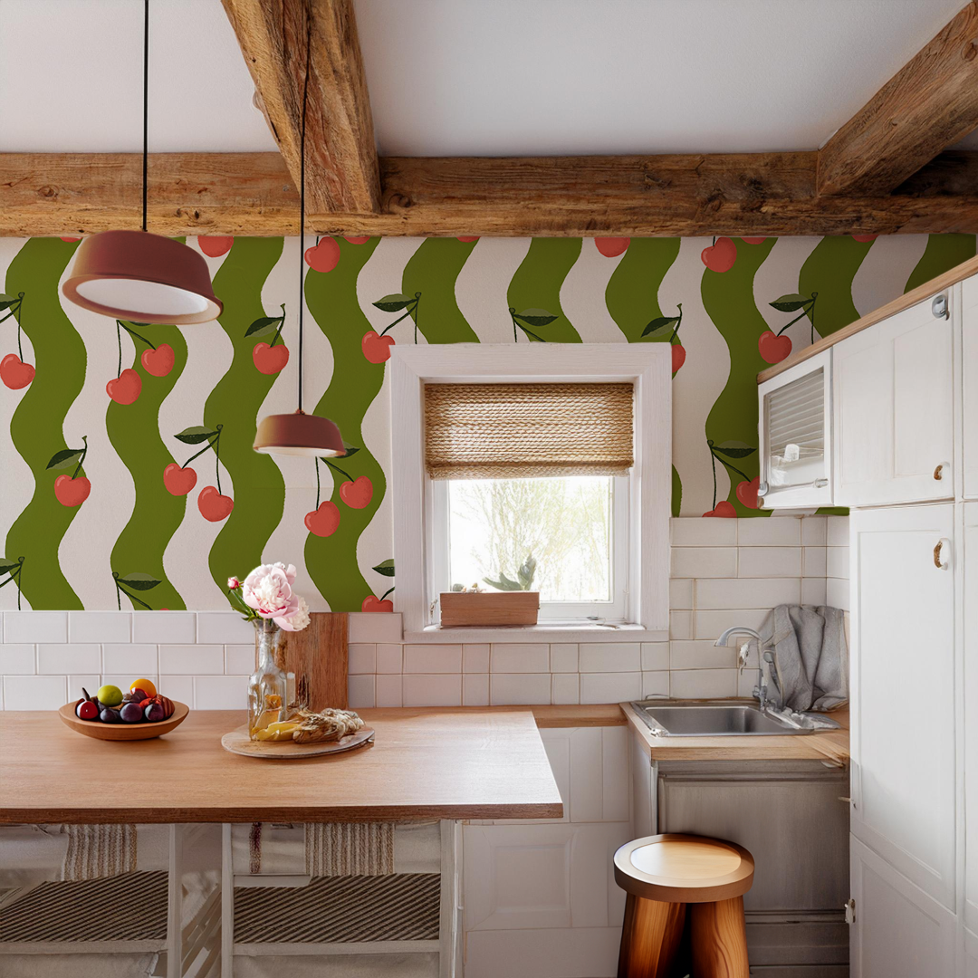 Wavy Cherry Wallpaper, white and green - Tampa Home & Garden Store
