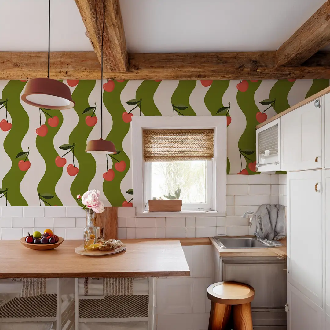 Wallpaper Wavy Cherry White and Green by Samantha Santana Creative with cherry motif on Tampa Home & Garden Store