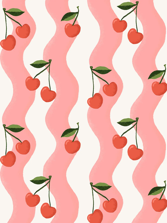Wavy Cherry Wallpaper in white and pink with red cherries on green stems on Tampa Home & Garden Store