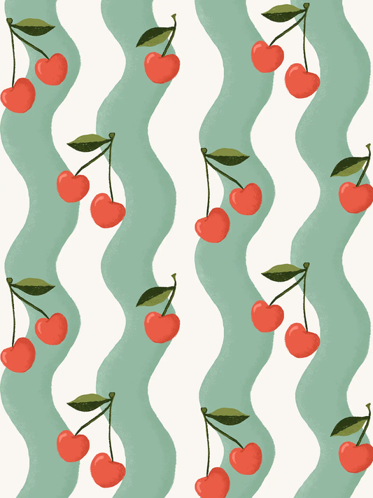 Wavy Cherry Wallpaper White and Teal with cherry stems by Samantha Santana Creative on Tampa Home & Garden Store