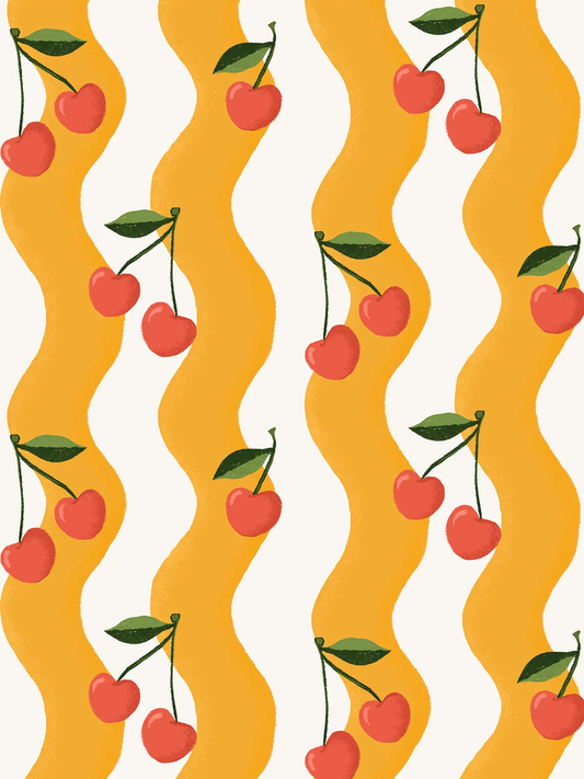 Wallpaper Wavy Cherry pattern with bold yellow waves and red cherries on cream background on Tampa Home & Garden Store