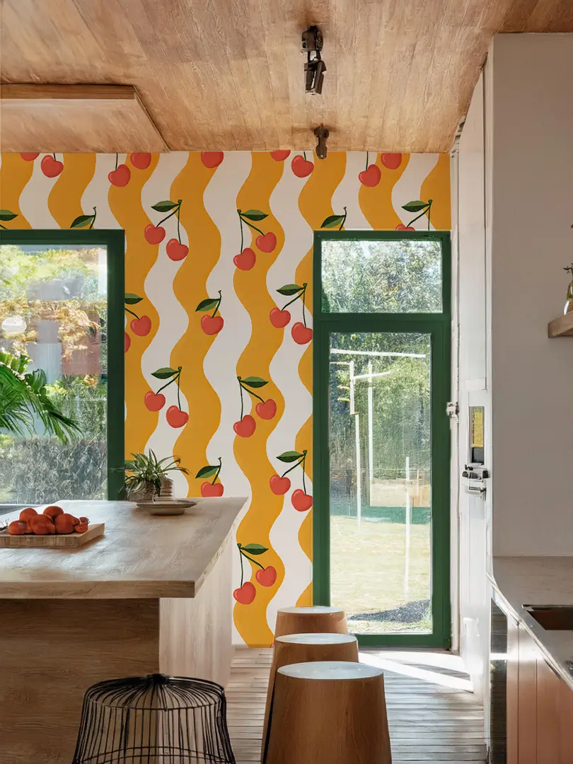 Wavy Cherry Wallpaper white and yellow pattern by Samantha Santana Creative on Tampa Home & Garden Store