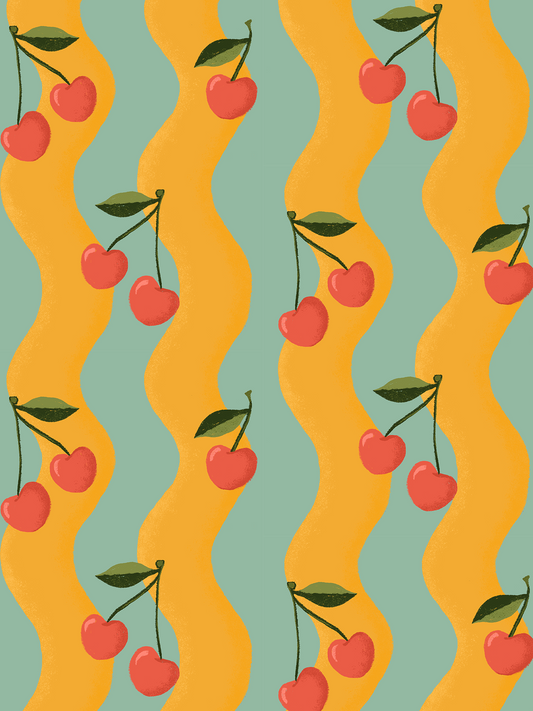 Wavy Cherry Wallpaper, yellow and teal - Tampa Home & Garden Store
