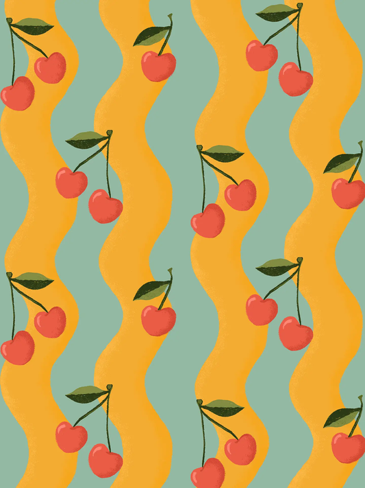 Wallpaper Wavy Cherry pattern in yellow and teal with cherries on stems Samantha Santana on Tampa Home & Garden Store