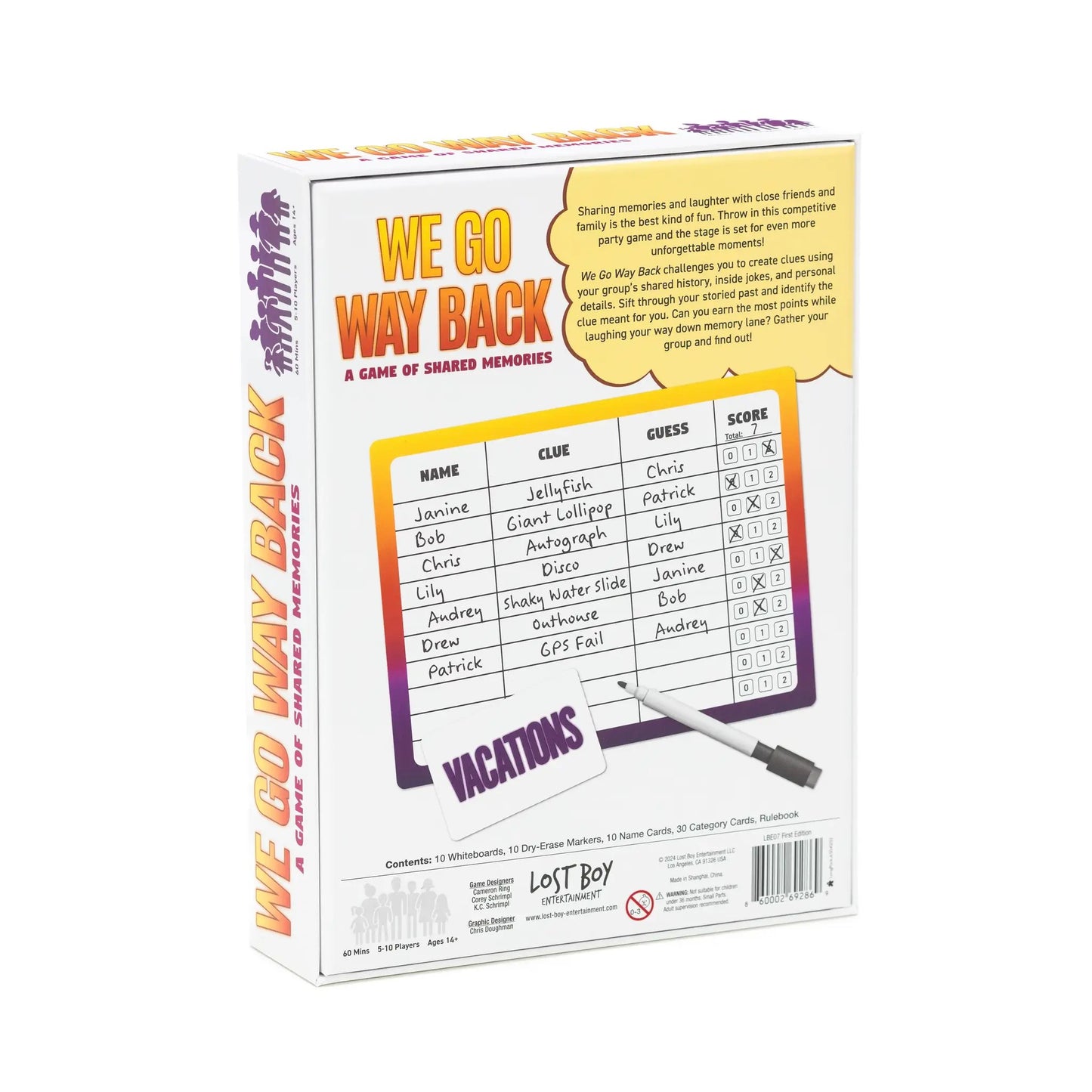 We Go Way Back board game by Lost Boy Entertainment; white box with bold orange title on Tampa Home & Garden Store