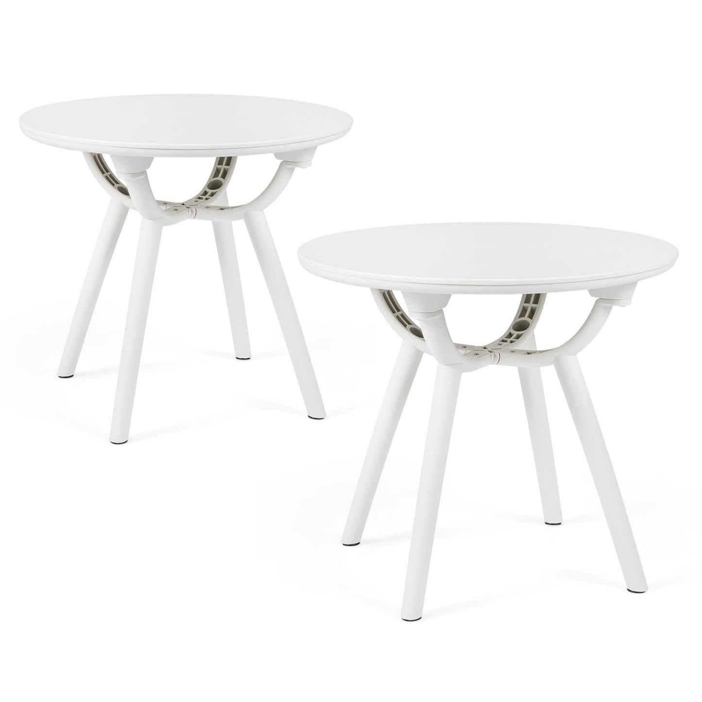 Two white round-top tables with splayed legs and curved frame, minimalist DirectDeals on Tampa Home & Garden Store
