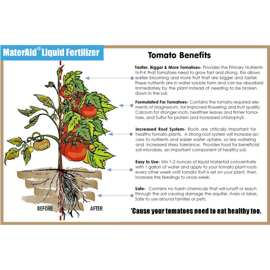 MaterAid Liquid Fertilizer label by GS Plant Foods with tomato plant illustration on Tampa Home & Garden Store