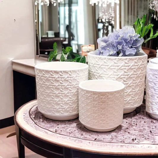 Cane webbing pattern ceramic pots, embossed white set of 3 on Tampa Home & Garden Store