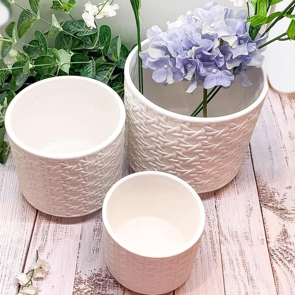 Cane Webbing Pattern Ceramic Planters Handmade set of 3 white Gia Roma pots on Tampa Home & Garden Store