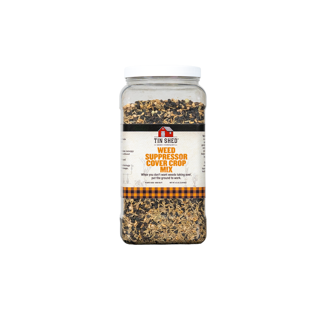 Weed Suppressor Cover Crop Mix seeds jar with white lid; Tin Shed Seed Co label on Tampa Home & Garden Store