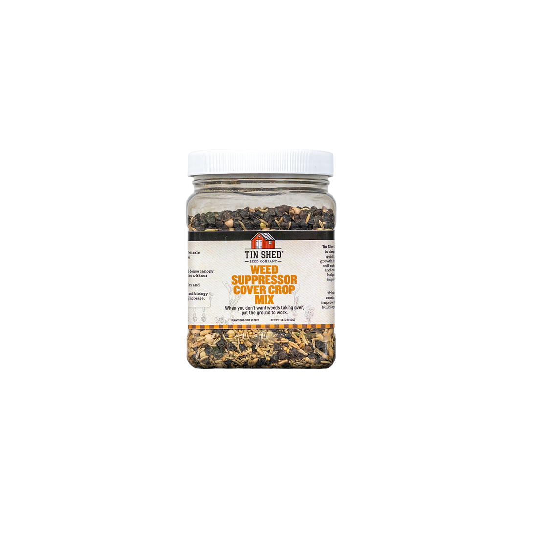 Weed Suppressor Cover Crop Mix seeds 1 lb in jar with lid Tin Shed Seed Company label on Tampa Home & Garden Store