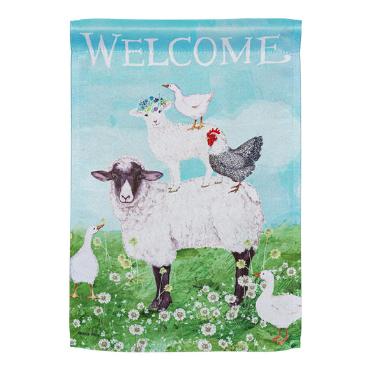 Welcome Farm Friends Suede Garden Flag featuring farm animals on a blue sky on Tampa Home & Garden Store