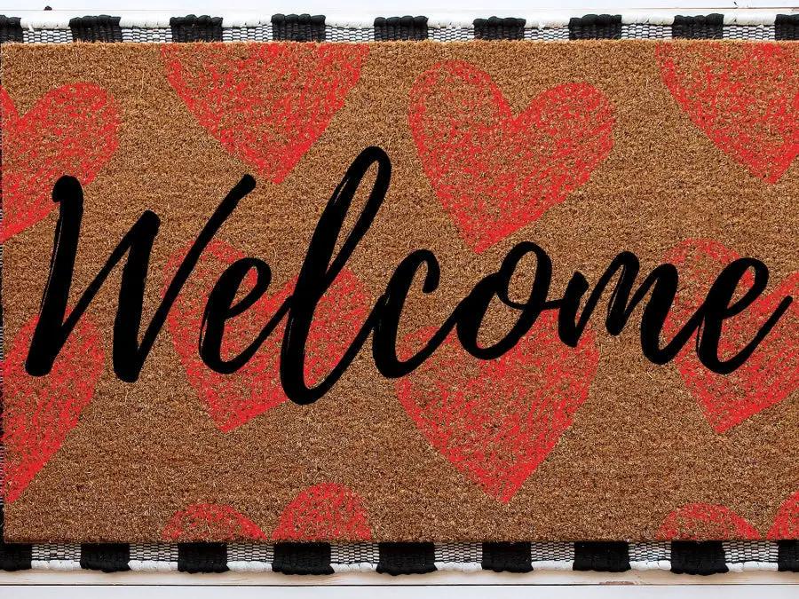 Welcome Heart Doormat 18 x 30 in, natural coir with black script and red hearts on Tampa Home & Garden Store
