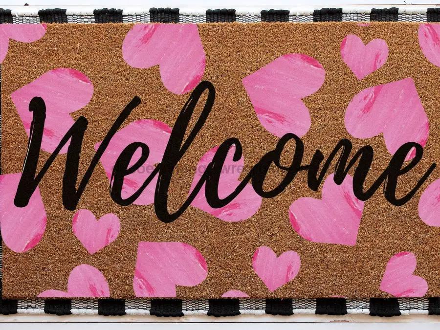 Door Mat Welcome Heart Doormat with pink hearts on brown coir by DecoExchange® on Tampa Home & Garden Store