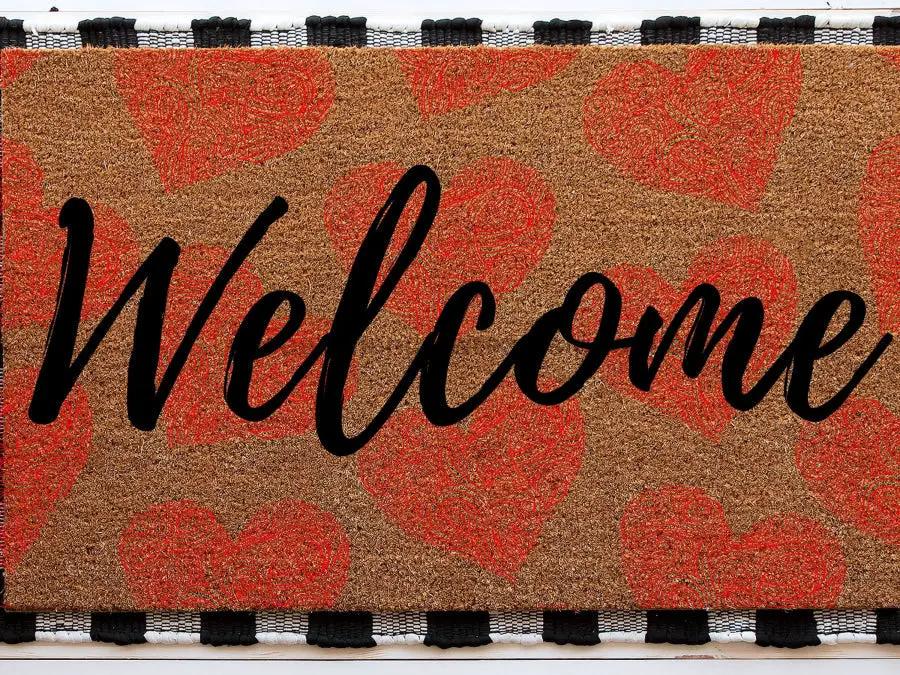Welcome Heart Doormat DecoExchange® coir door mat brown with red hearts on Tampa Home & Garden Store