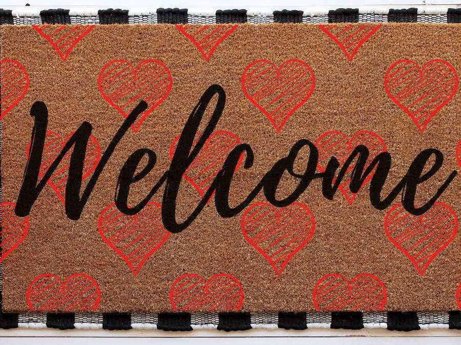 Welcome Heart Doormat brown coir with red hearts and black script Welcome 18x30 Gift on Tampa Home & Garden Store