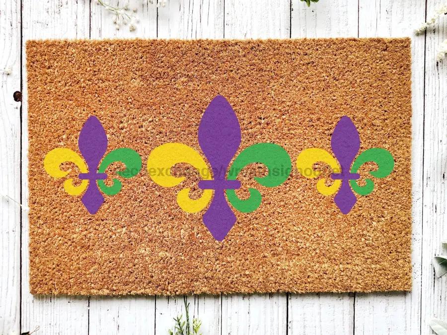 Mardi Gras Doormat with purple green gold fleur-de-lis on brown coir mat DecoExchange on Tampa Home & Garden Store