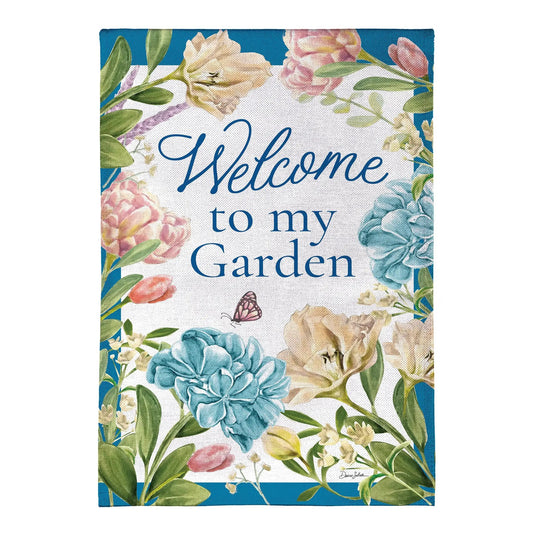 Burlap garden flag Welcome To My Garden with blue scripted text and vibrant floral border on Tampa Home & Garden Store