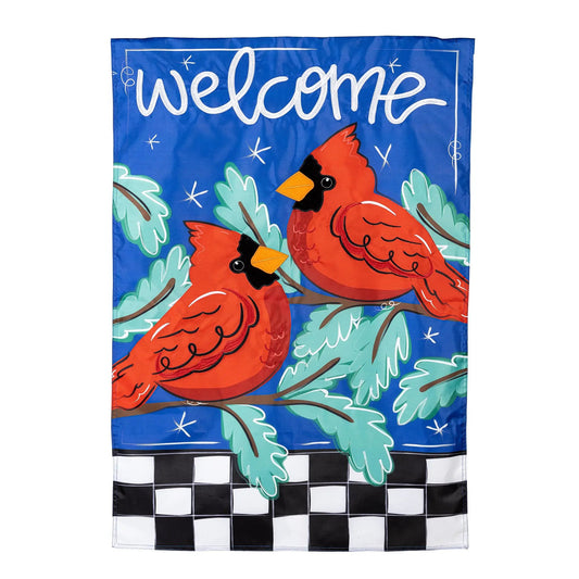 Winter Cardinals Applique House Flag with two red cardinals on blue background and green leaves on Tampa Home & Garden Store
