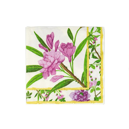 Wellington Ivory Dinner Napkins with Floral Motif pink flowers and green leaves gold border on ivory paper on Tampa Home & Garden Store