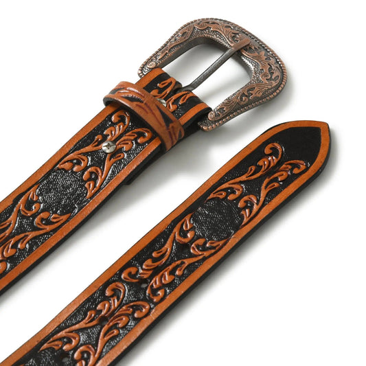 Western cowboy leather belts black and brown with ornate tooled border and silver buckle on Tampa Home & Garden Store
