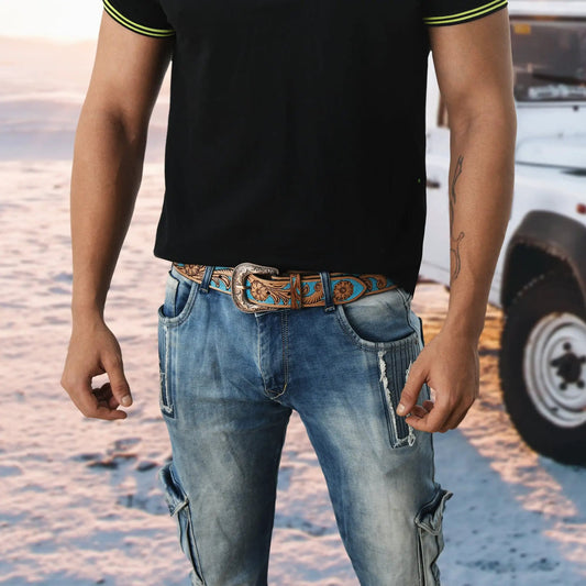 Western Cowboy Leather Belt with Engraved Buckle turquoise pattern by Classy Leather Bags on Tampa Home & Garden Store
