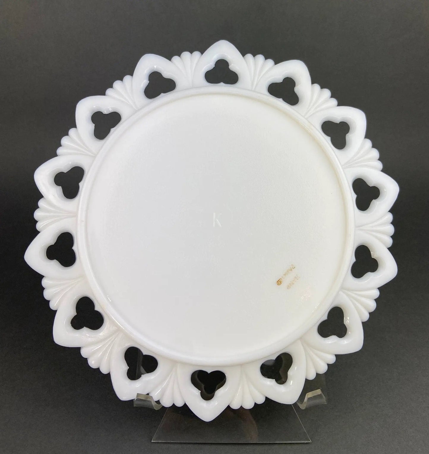 Westmoreland milk glass plates set of four with trefoil-cut reticulated edge on Tampa Home & Garden Store