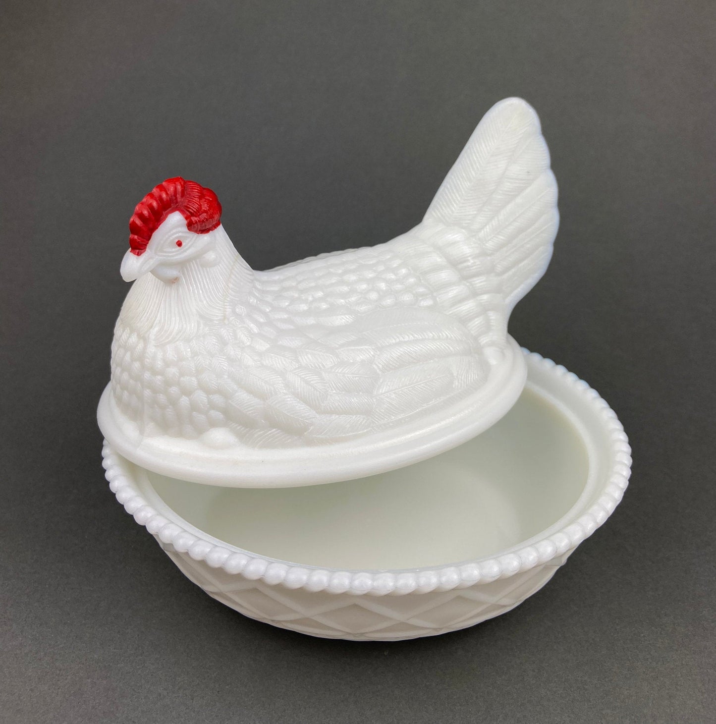 Westmoreland Rooster on Nest Covered Bowl. Large Milk Glass Lidded Dish. White with Red Details Serving Dish. Collectible Milk Glass. - Tampa Home & Garden Store