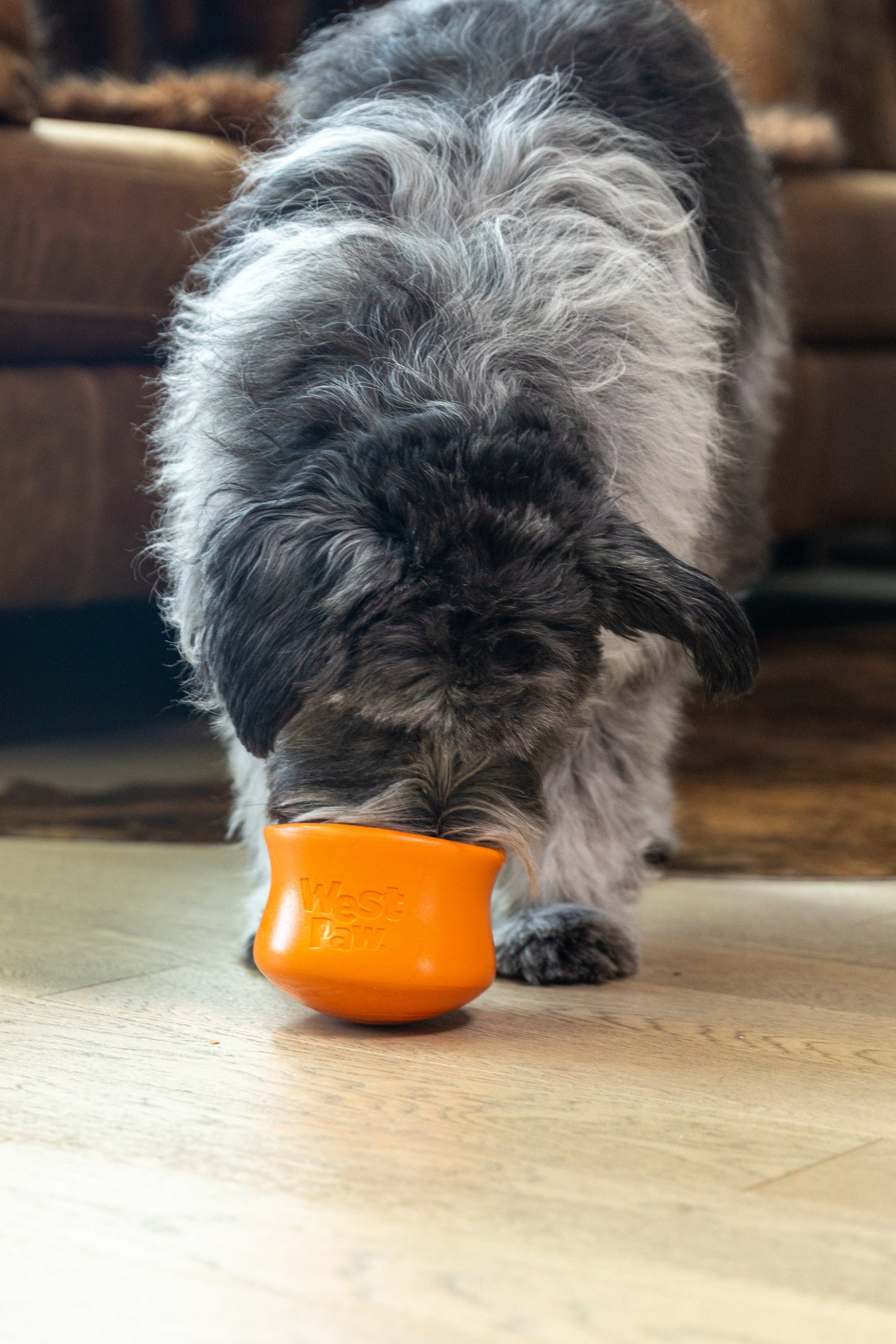 Toppl Treat dog treat toy in bright orange by West Paw on Tampa Home & Garden Store