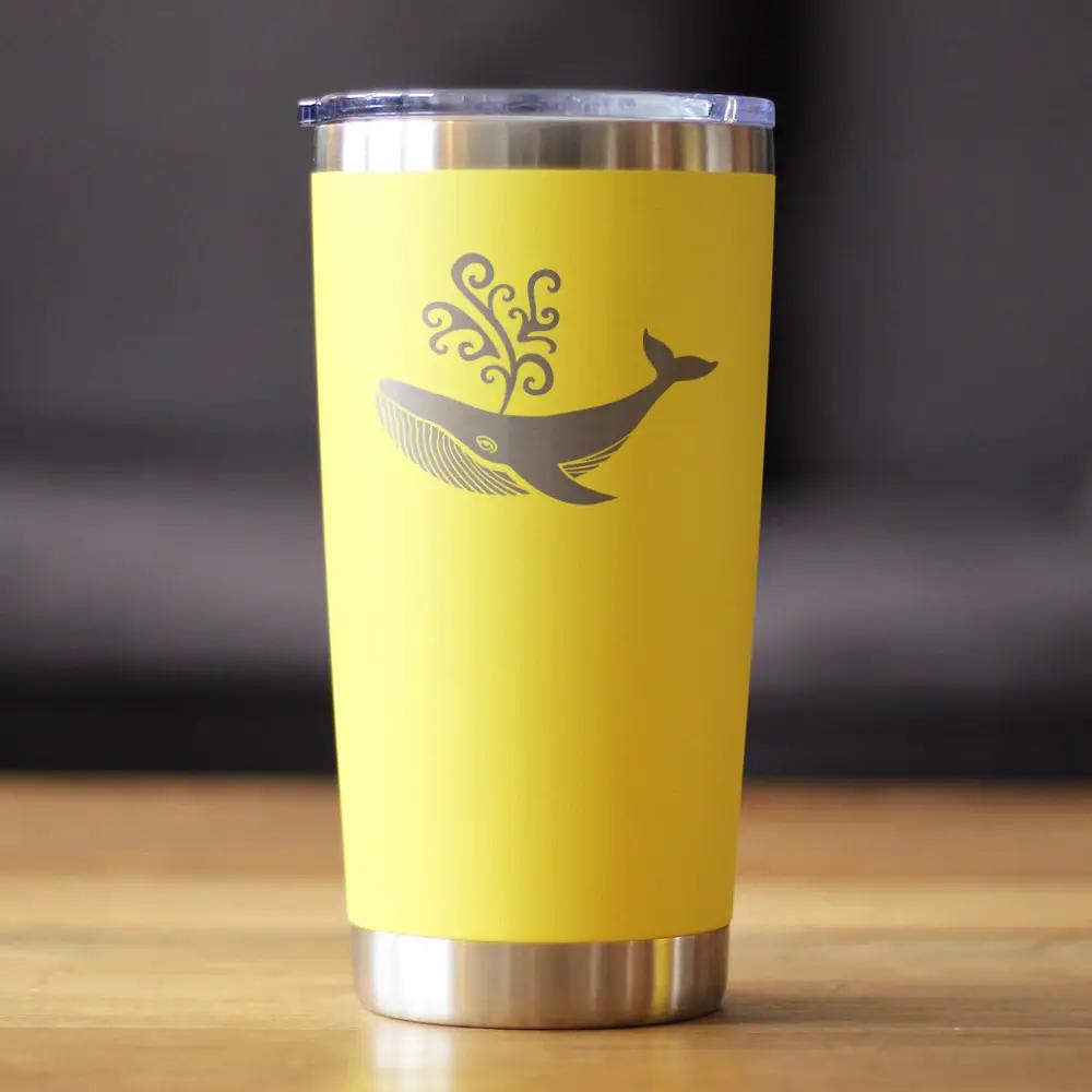 Whale 20 oz Coffee Tumbler with Sliding Lid, yellow stainless steel with gray whale graphic bevvee on Tampa Home & Garden Store