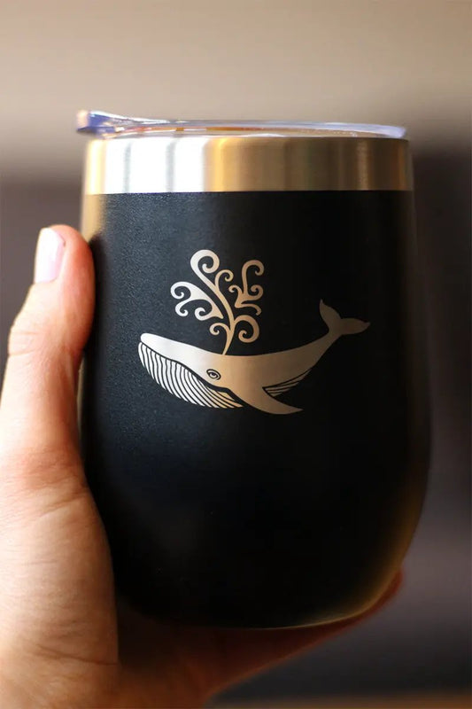 bevvee Whale Wine Tumbler 12oz Stemless sliding lid, black matte finish with whale graphic on Tampa Home & Garden Store