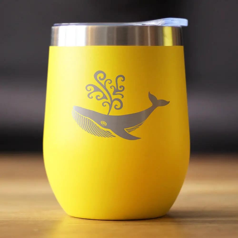 Whale Wine Tumbler 12oz stemless with sliding lid, yellow on Tampa Home & Garden Store