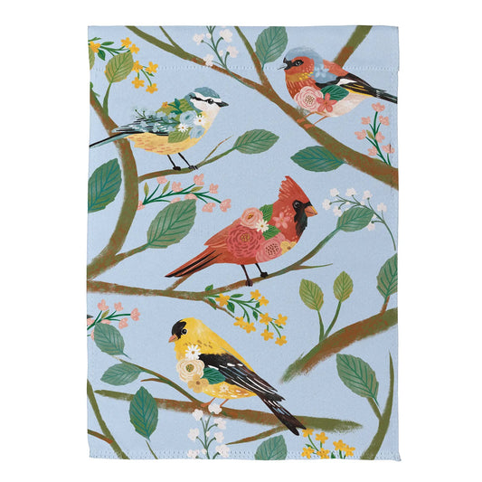 What She Shed Birds suede house flag birds on branches with blossoms on blue background on Tampa Home & Garden Store