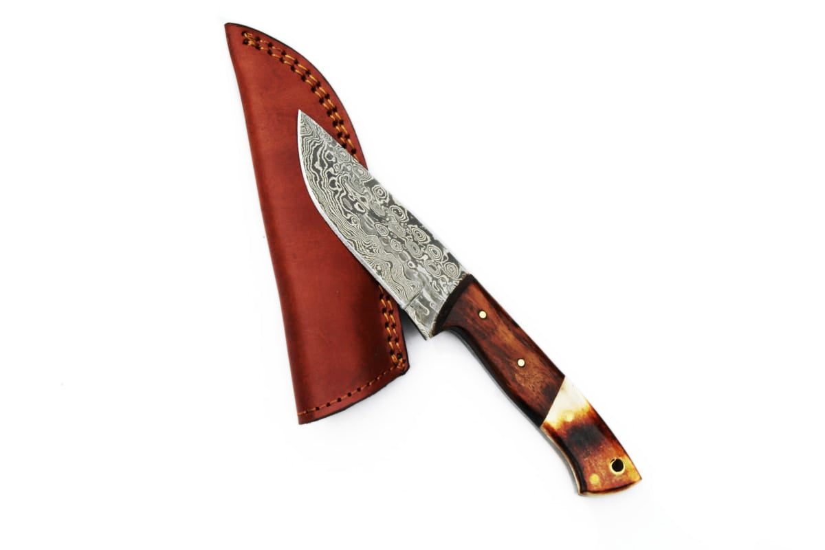 Damascus steel hunting EDC knife TD-700 with leather sheath on Tampa Home & Garden Store