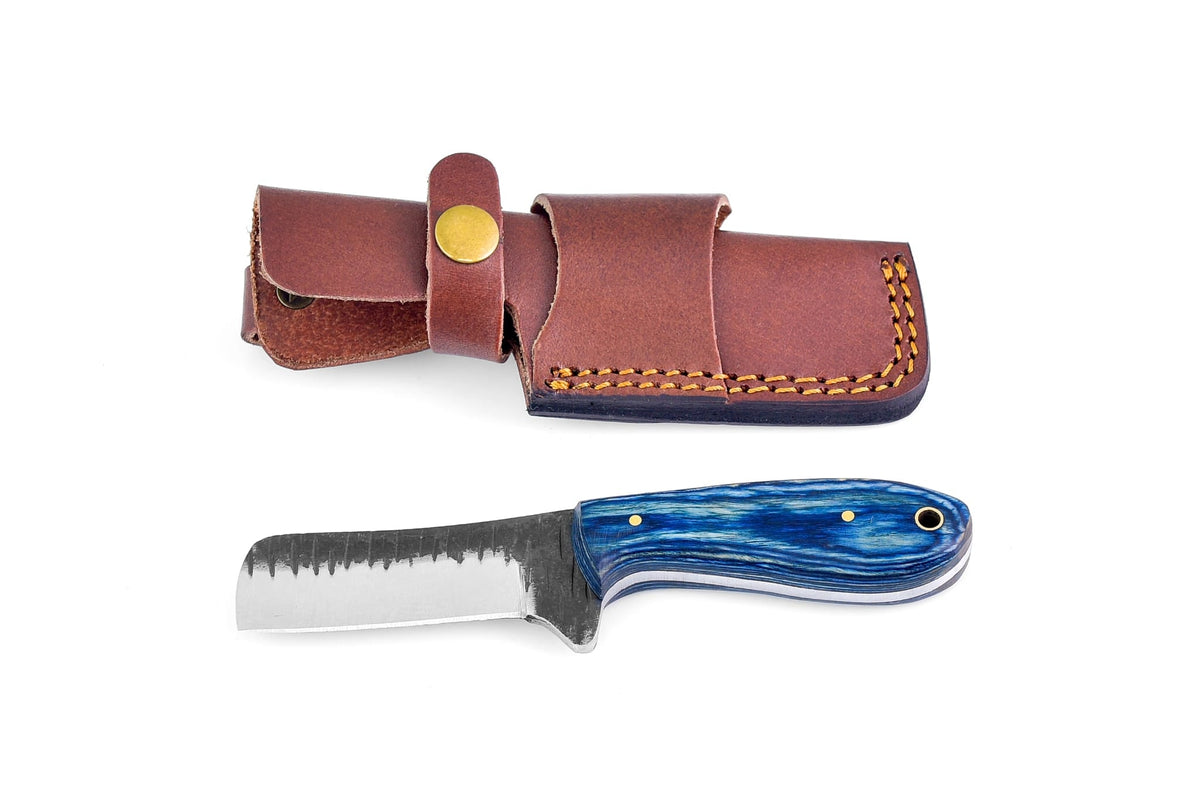 Carbon Steel Bull Knife TK-094 sheath in brown leather with brass snap strap on Tampa Home & Garden Store