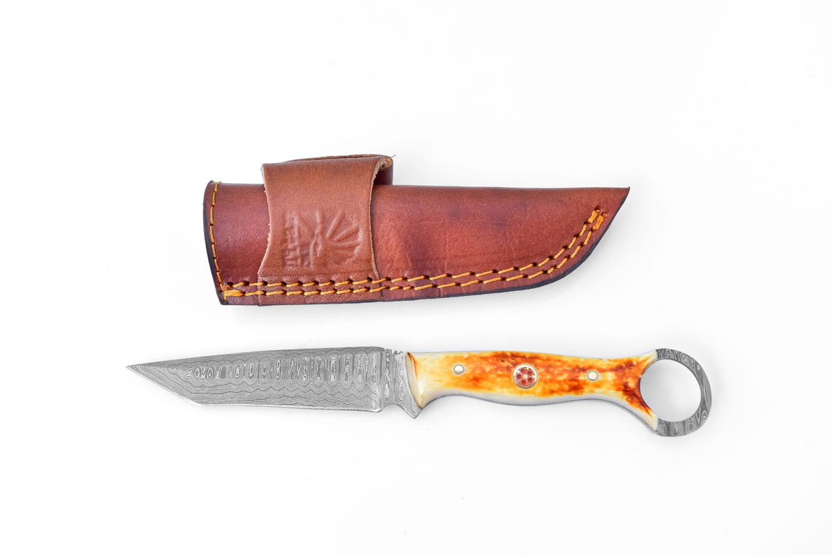 Sundancer Burnt Bone Utility Knife TK-217; orange-bone handle, Damascus blade with leather sheath on Tampa Home & Garden Store