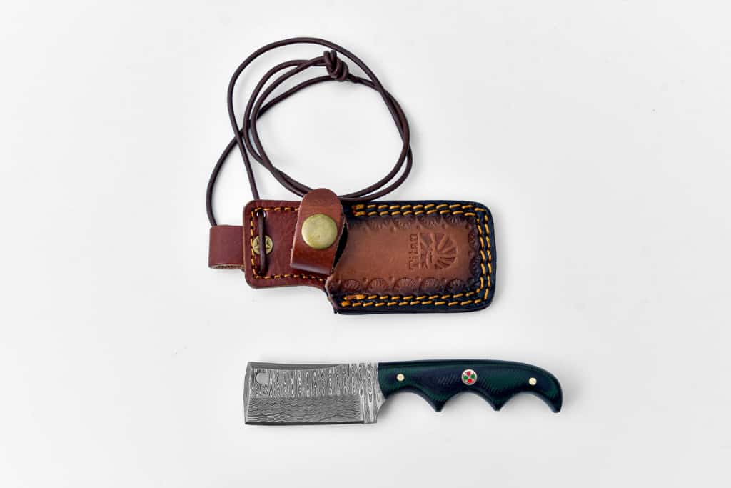 EDC mini cleaver TK-404 by Titan K with damascus blade and green handle leather sheath on Tampa Home & Garden Store