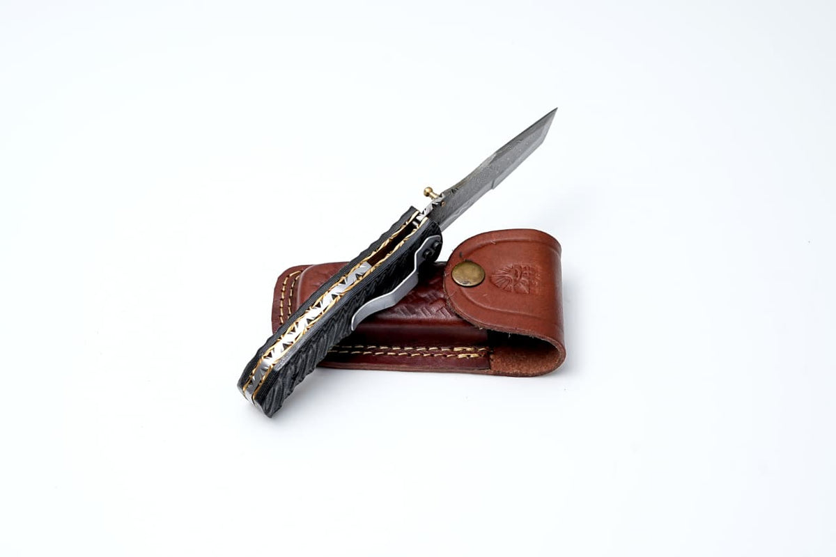 Storm Edge Damascus folding blade TF-082 by Titan Intl K; black textured handle, leather sheath on Tampa Home & Garden Store