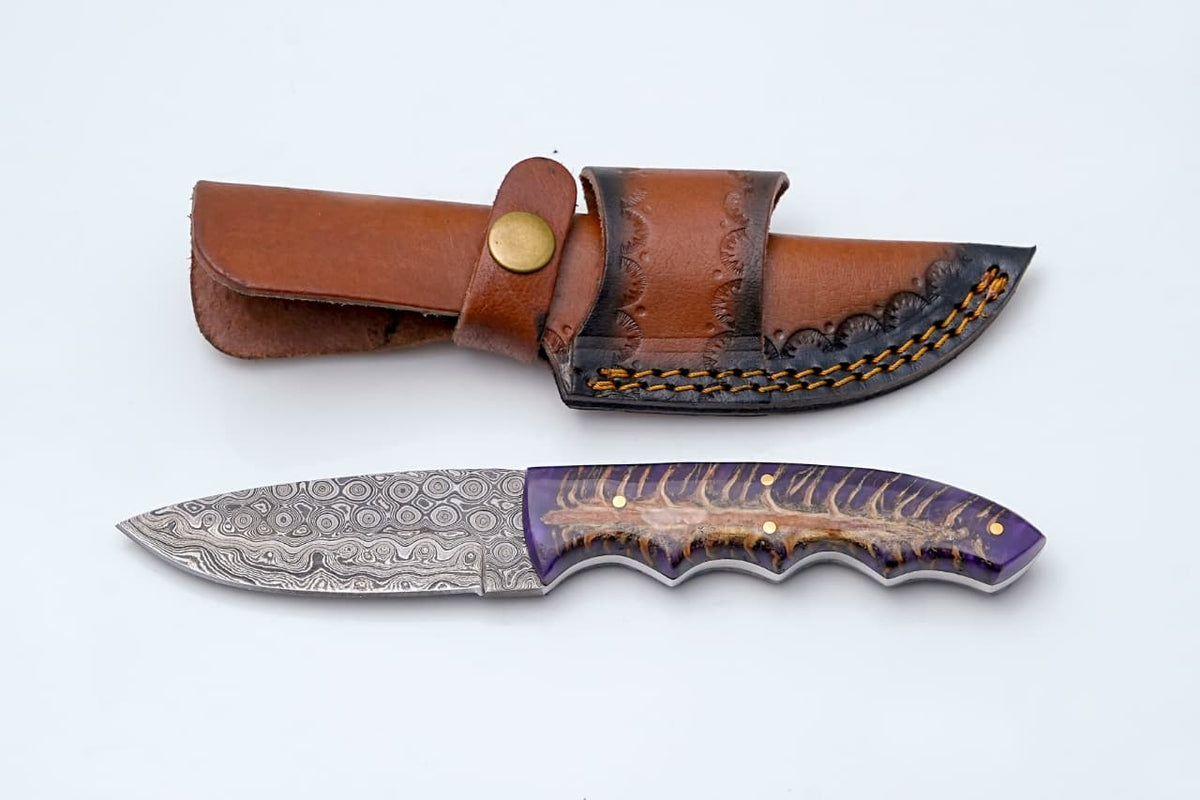 Damascus steel knife with purple pine cone handle and brown leather sheath by Titan TK-428 on Tampa Home & Garden Store