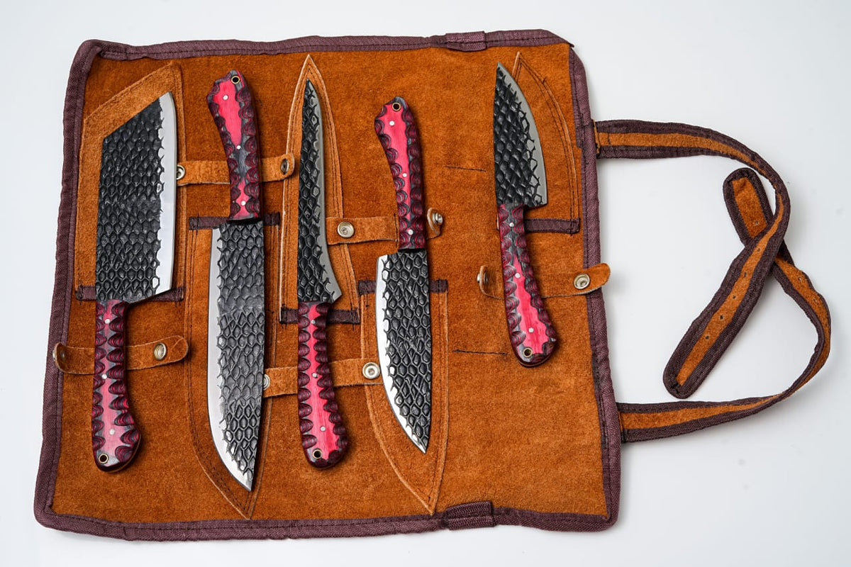 5-Piece forged kitchen knife set dragon-scale blades red diamond wood handles leather roll on Tampa Home & Garden Store