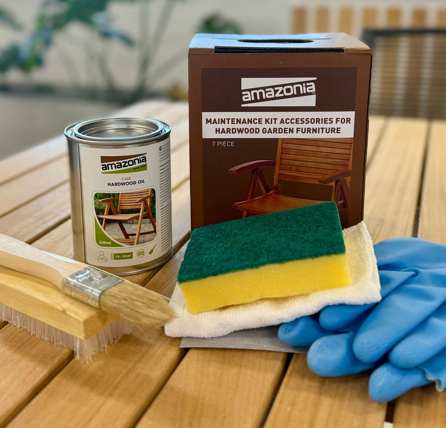 Amazonia Teak Maintenance Kit 7-piece hardwood furniture care kit with teak oil on Tampa Home & Garden Store