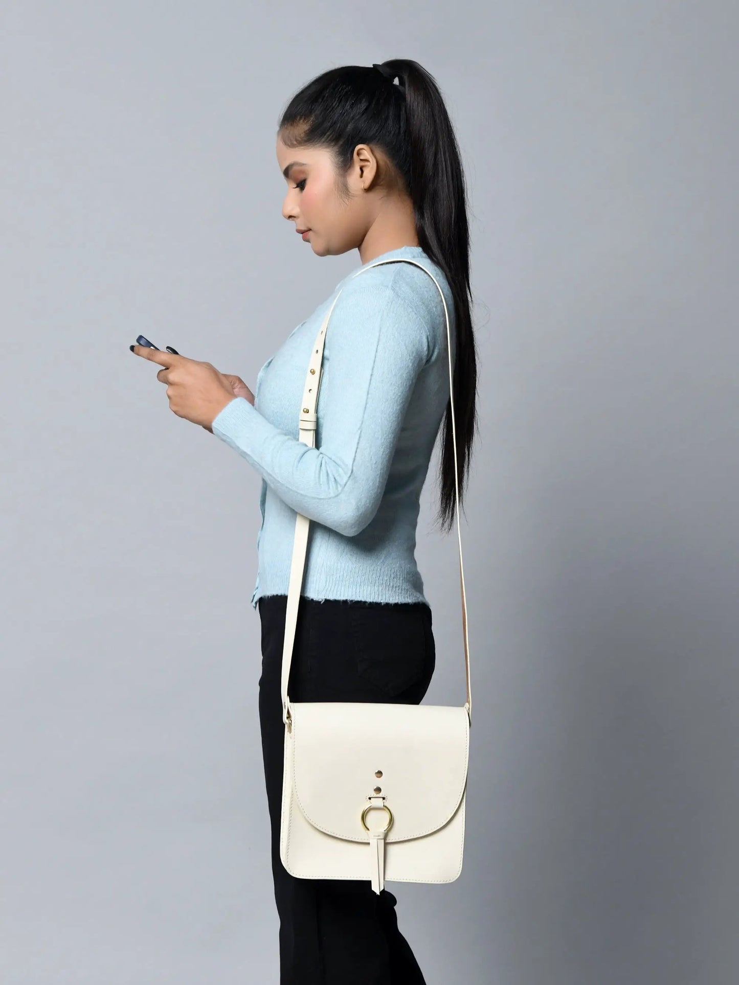 White Elegance Crossbody Sling Bag for Women, white faux leather with front ring buckle on Tampa Home & Garden Store