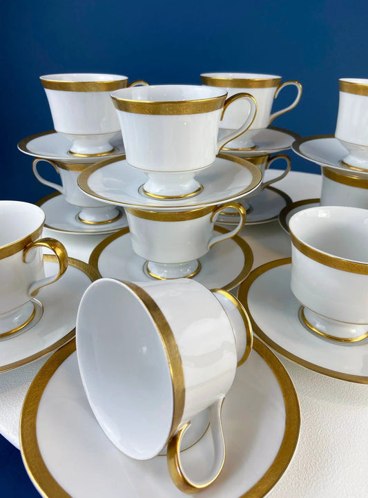 White and gold Sango Spun Gold dinnerware set with cups and saucers, gold rims on Tampa Home & Garden Store