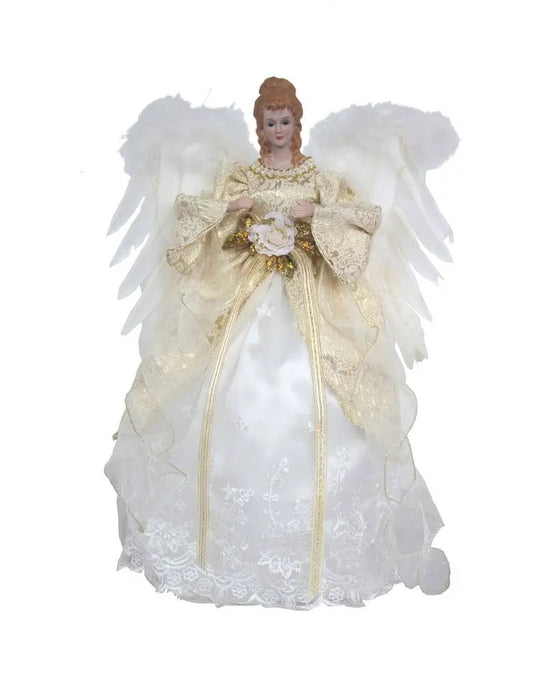 White Lace Angel Tree Topper 17in tall with gold lace gown by The Country Christmas Loft on Tampa Home & Garden Store