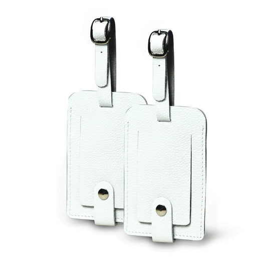 White buffalo leather luggage tags set of two with buckle closures on Tampa Home & Garden Store