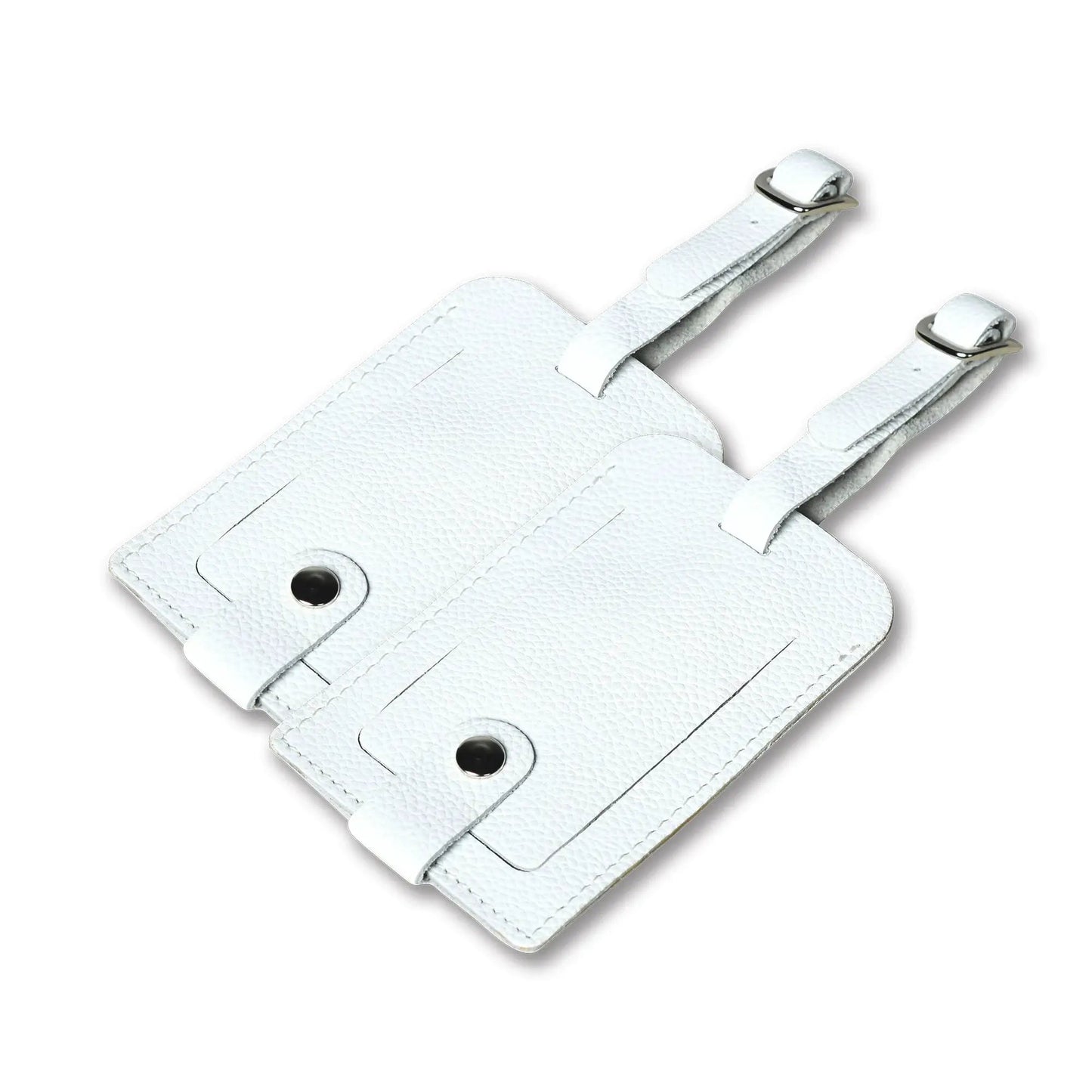 White buffalo leather luggage tags set of two with silver hardware on Tampa Home & Garden Store