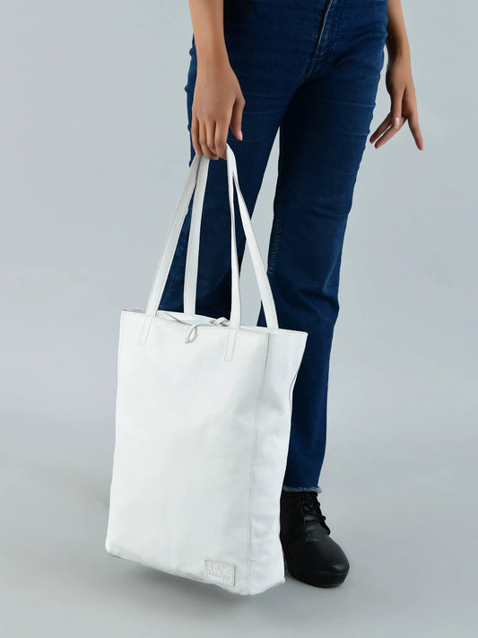 White leather shoulder tote bag handcrafted with long straps by Classy Leather Bags on Tampa Home & Garden Store