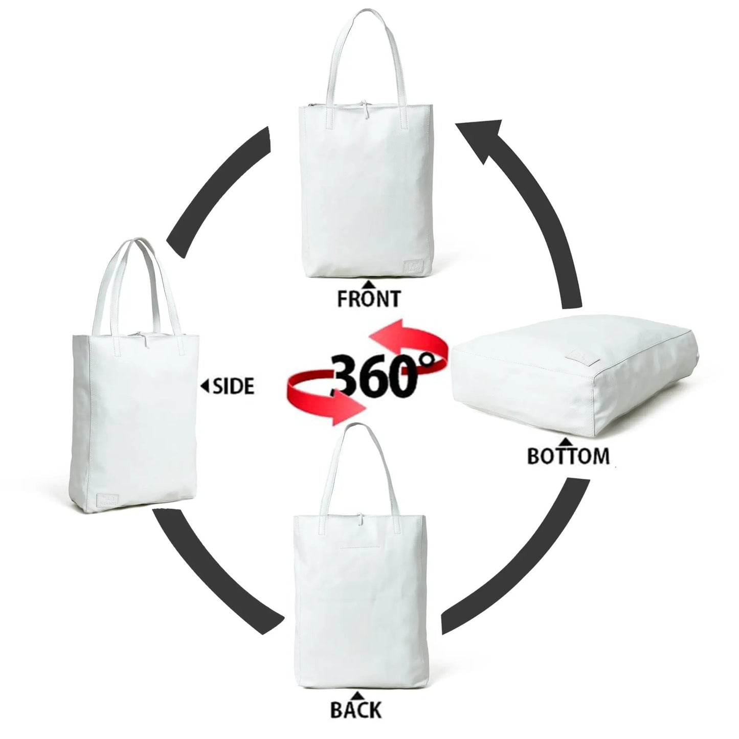 White leather shoulder tote bag handcrafted by Classy Leather Bags in 360° front/side views on Tampa Home & Garden Store